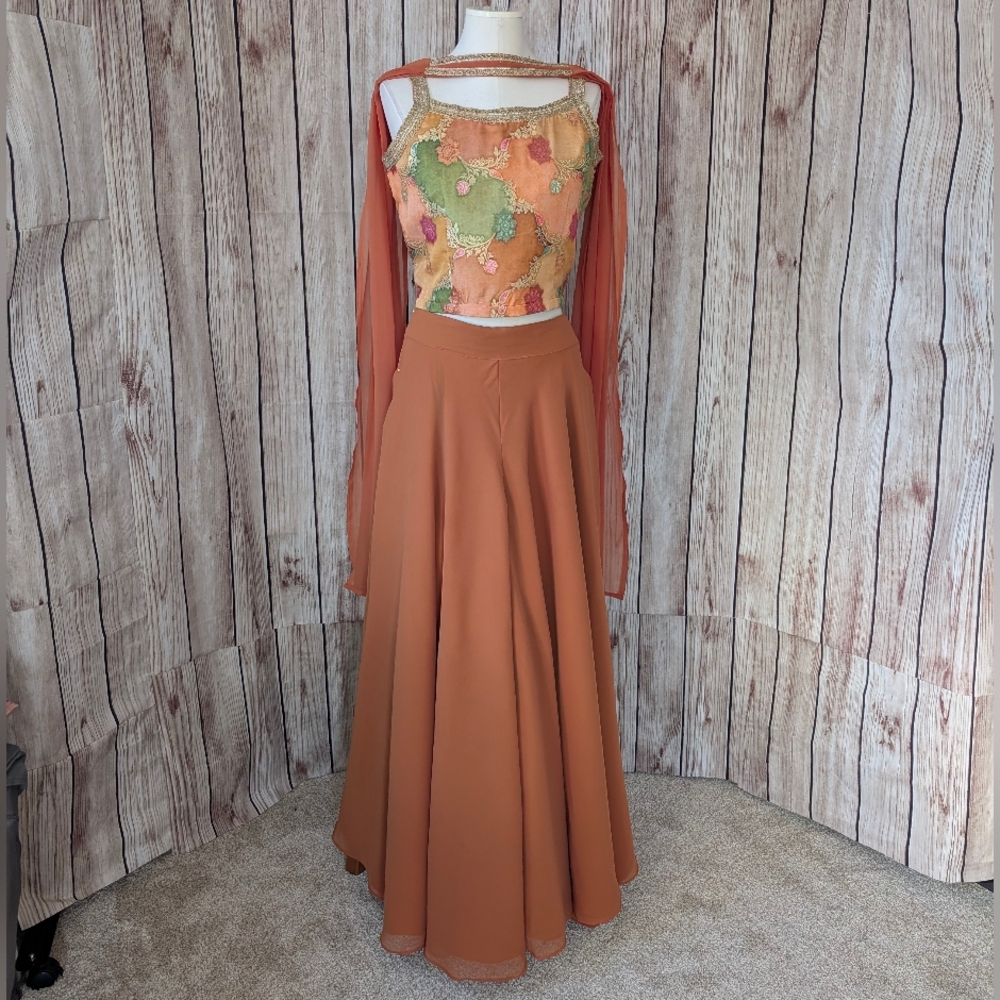 Elegant Mustard Rust Orange Crop Top Palazzo Indo-Western 3-piece Set